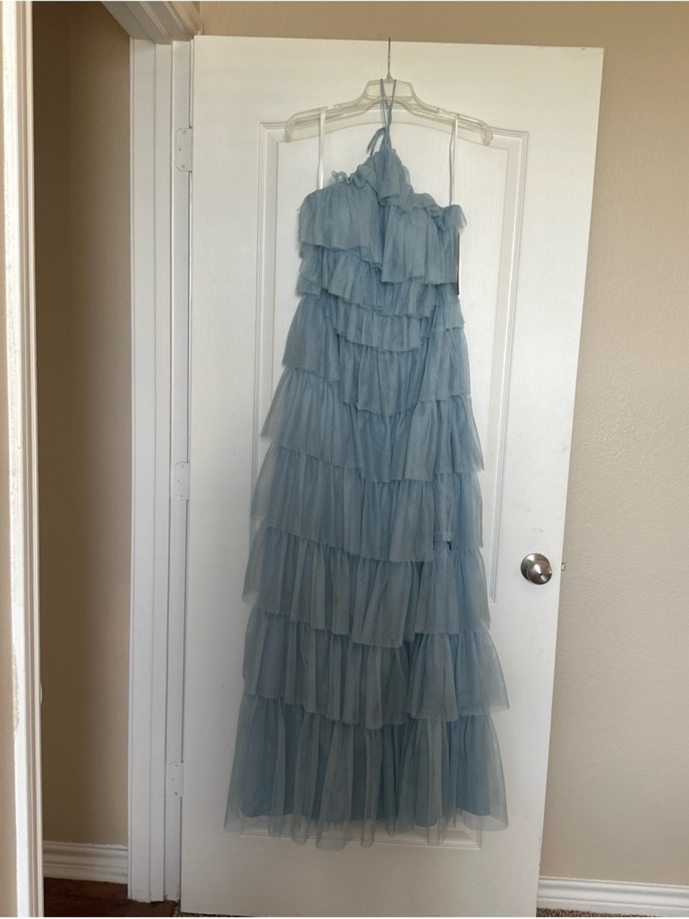 Revelry Dusty Blue Layered Tulle Halter Dress